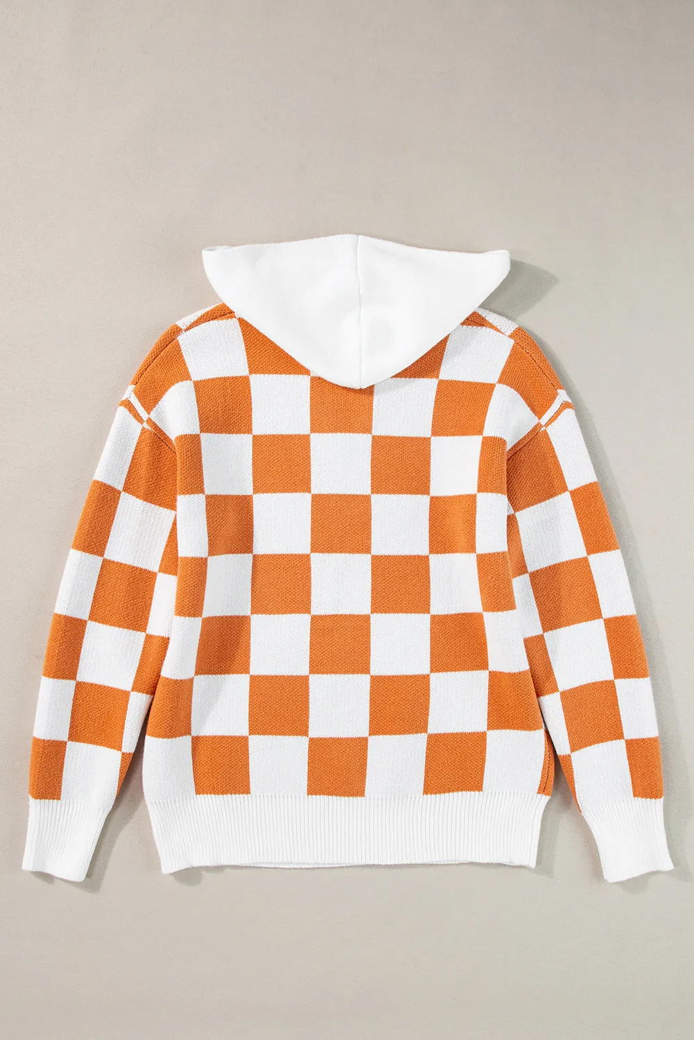 Gold Flame Checkered Split Neck Contrast Kangaroo Pocket Hooded Sweater