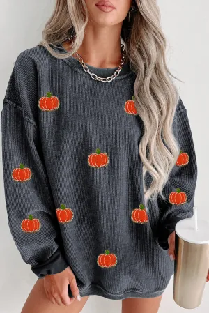 Gray Halloween Pumpkin Graphic Drop Shoulder Ribbed Sweatshirt