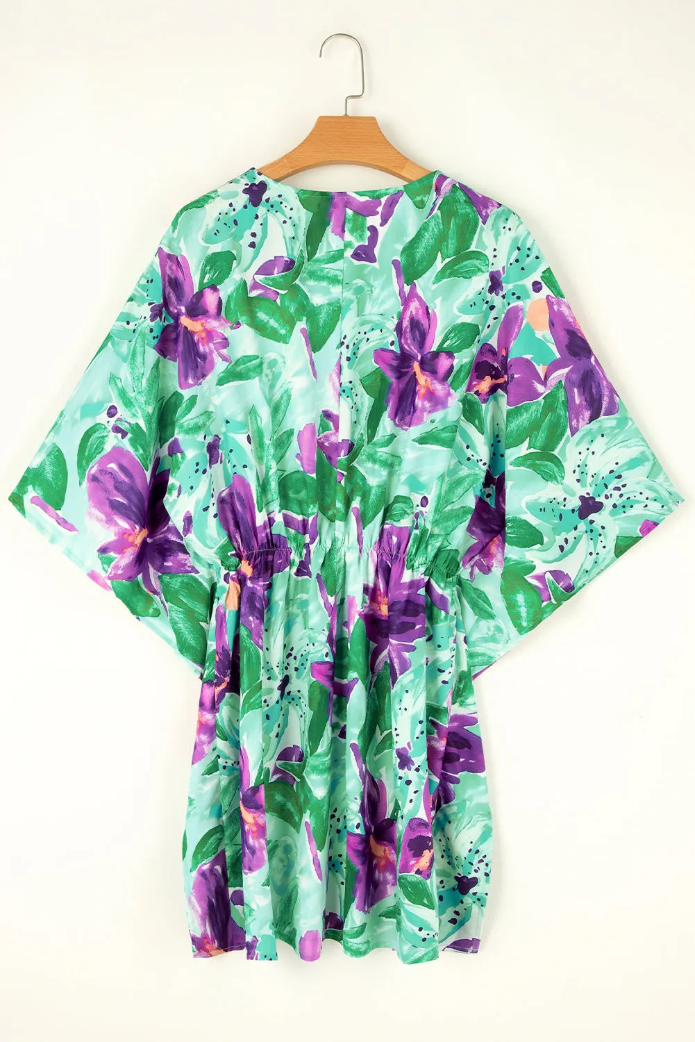 Green Boho Floral Half Sleeve V Neck Shirred Waist Mini Dress