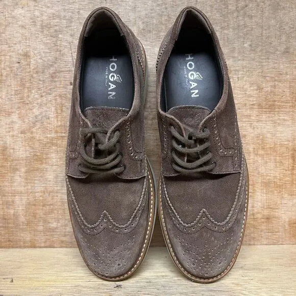 Hogan Men Size 10 US, 9 UK Shoes Brown Suede Brogue Wingtip Oxford Derby Dress