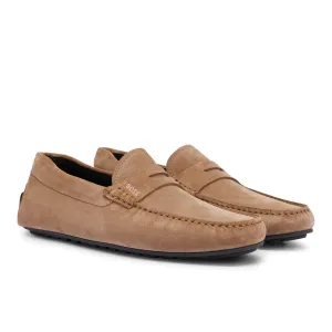 Hugo Boss Noel Suede Moccasin With Logo-Beige