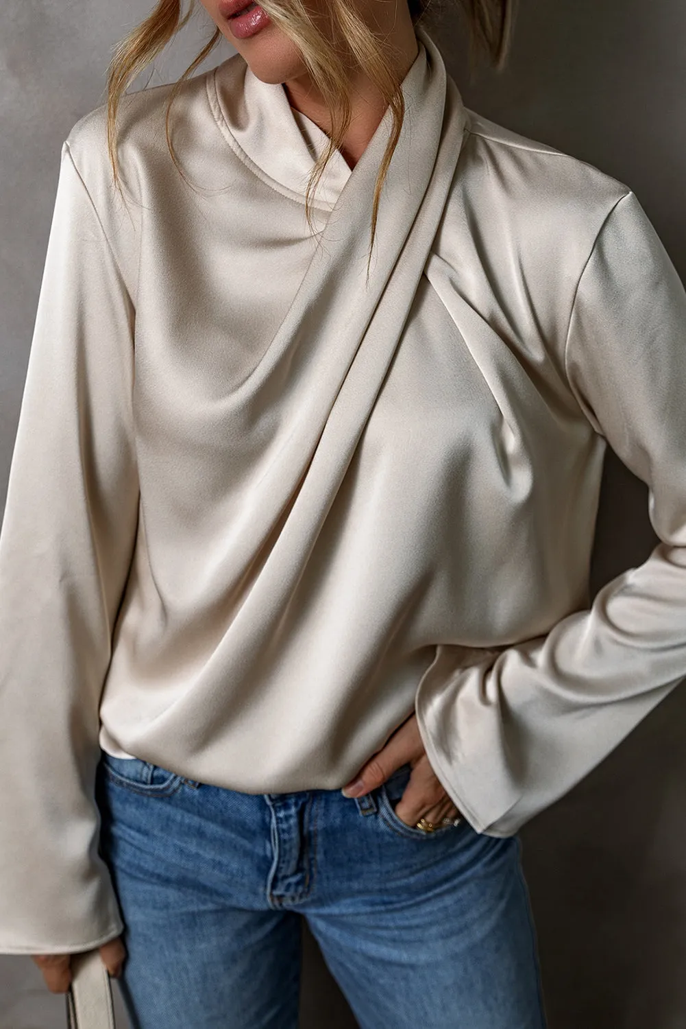 Jet Stream Satin Cross Front Slit Back Blouse