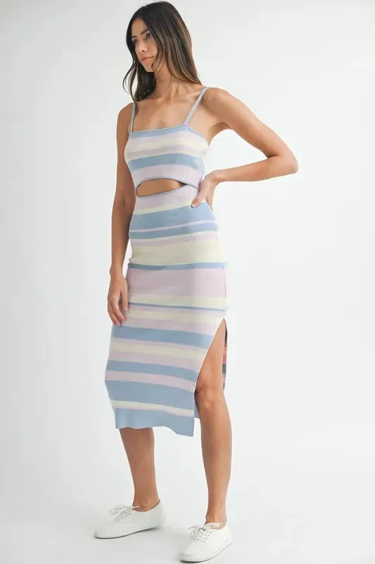 Light Blue Multi Color Striped Front Cutout Knit Dress