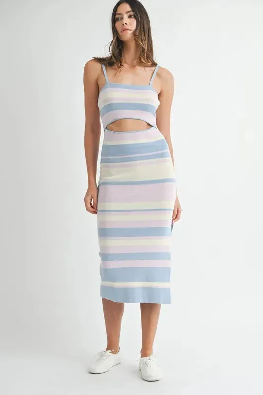 Light Blue Multi Color Striped Front Cutout Knit Dress