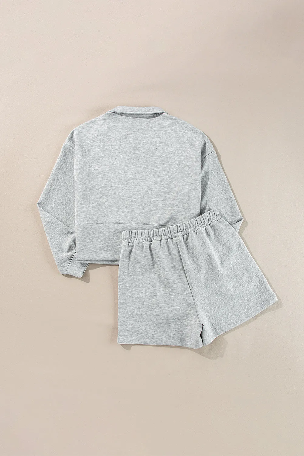 Light Grey Stand Neck Zipped Sweatshirt and Shorts Set