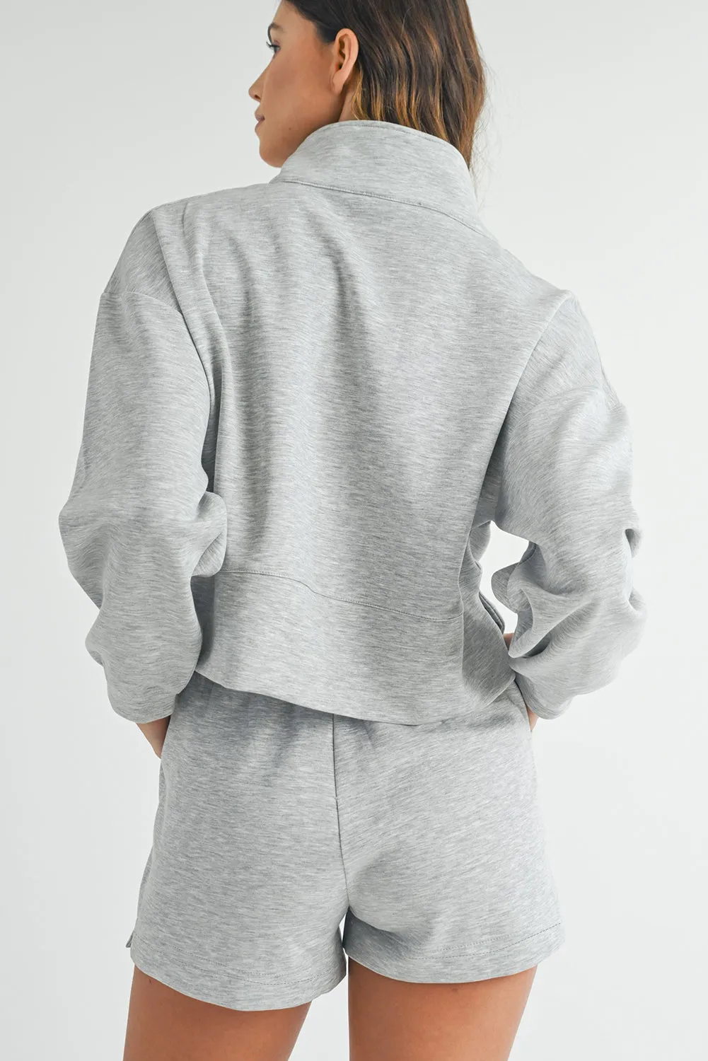 Light Grey Stand Neck Zipped Sweatshirt and Shorts Set