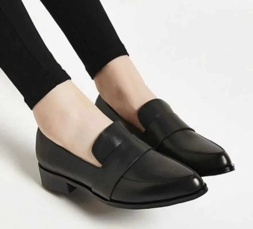 Luxury Leather Casual Office Shoes For Woman 2024 Women's Summer Footwear Low Heel Elegant Formal Black Pointed Toe Stylish Y2k