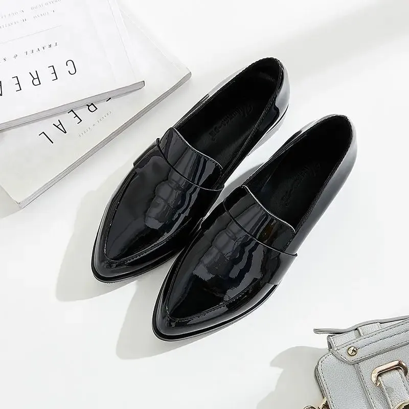 Luxury Leather Casual Office Shoes For Woman 2024 Women's Summer Footwear Low Heel Elegant Formal Black Pointed Toe Stylish Y2k