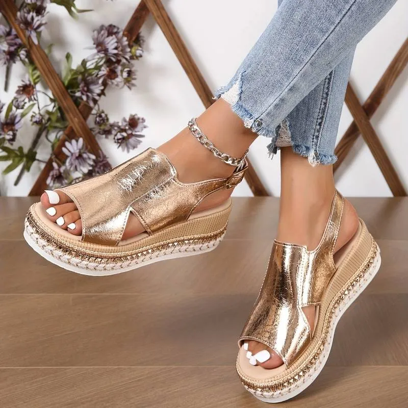 Metallic Platform Wedge Sandals | Slingback | Trendy & Comfortable