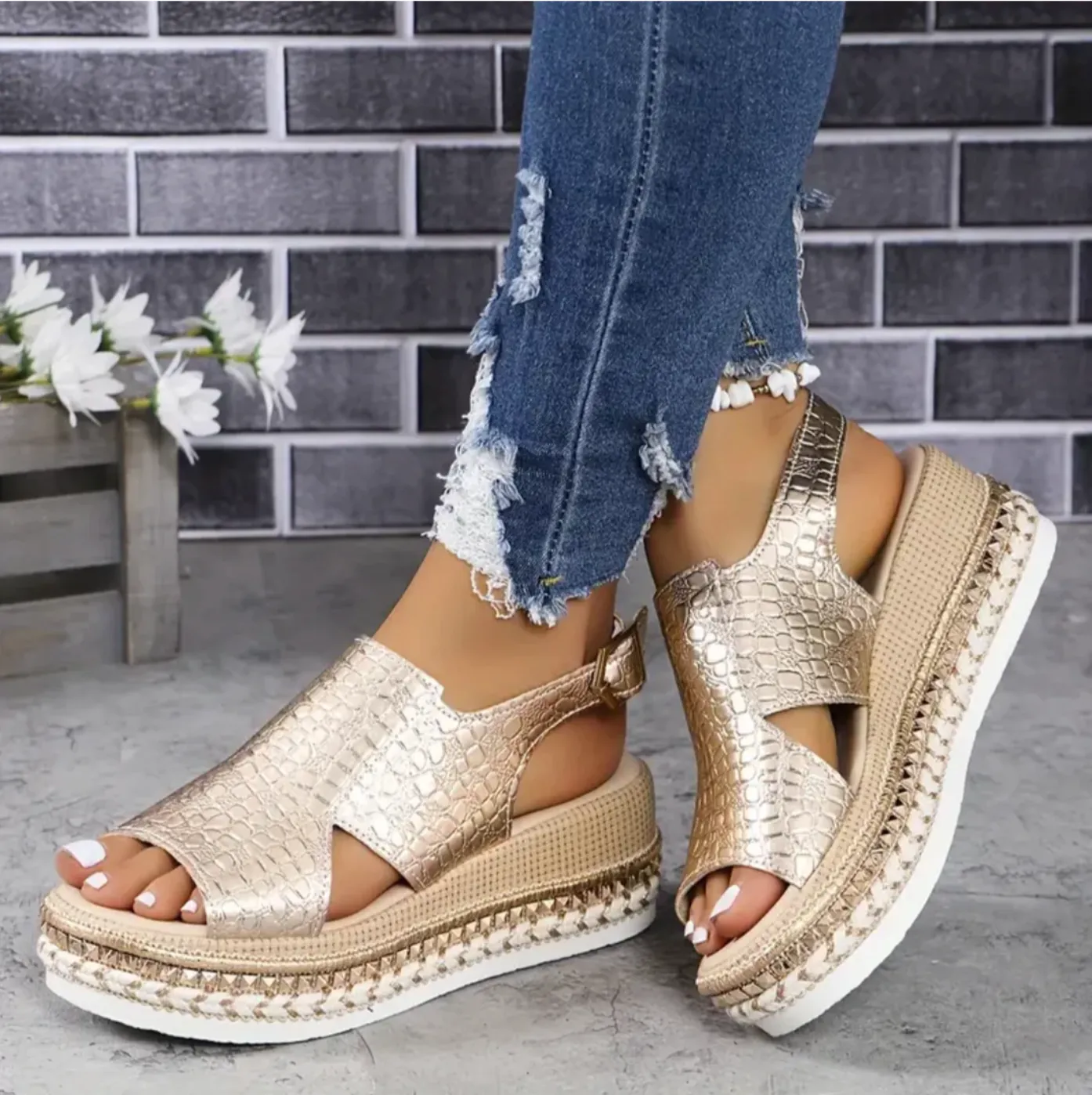 Metallic Platform Wedge Sandals | Slingback | Trendy & Comfortable