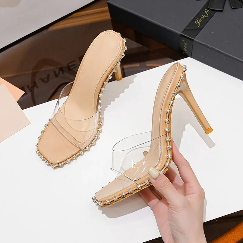 New One Word Transparent Female Head High Heels Water Diamond Dew Toes Thin Heels External Slippers