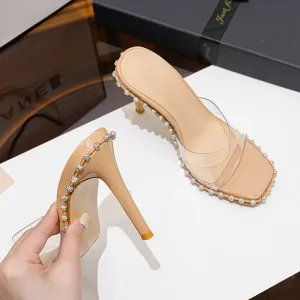 New One Word Transparent Female Head High Heels Water Diamond Dew Toes Thin Heels External Slippers