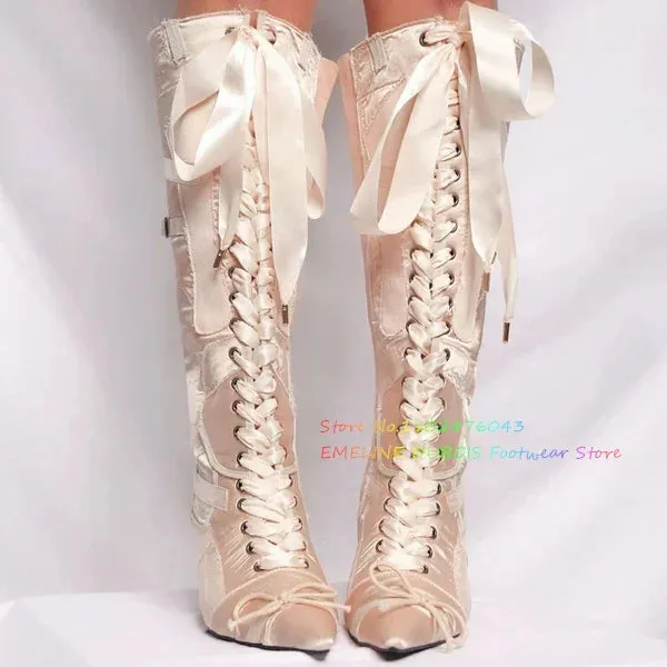 Nude and Pink Stain Knee High Boot Women Pointy Toe Eyelet Ribbon Decorative Laces Up Side Zipper Low Heel Girl Ballet Shoes