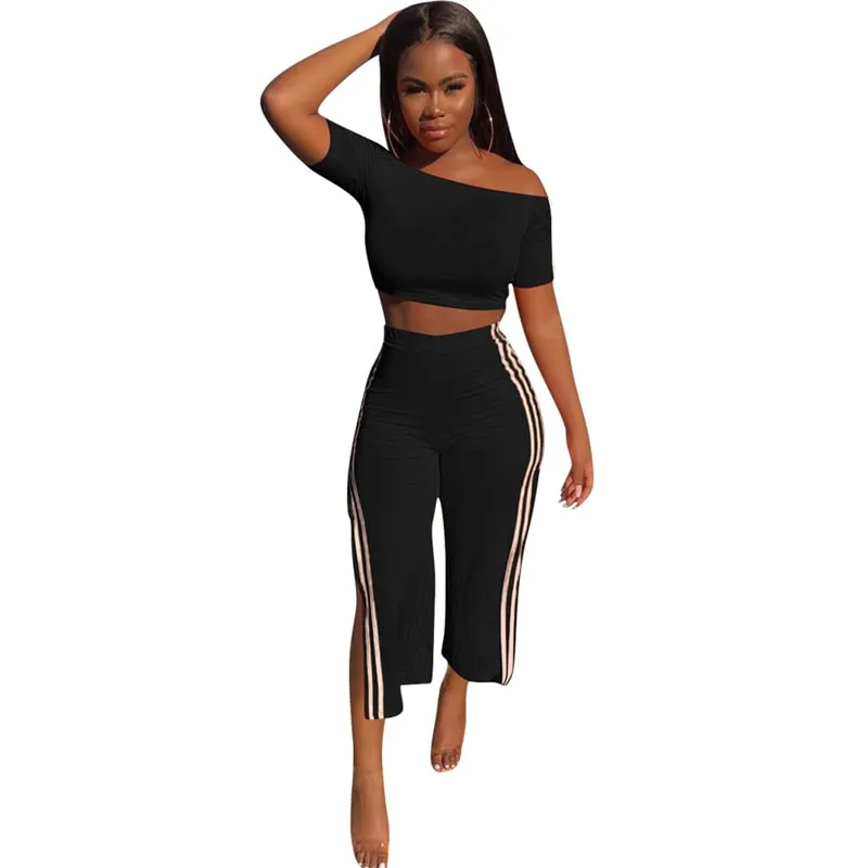 Off Shoulder Color Block Crop Top and High Waist Side Slit Pants Set