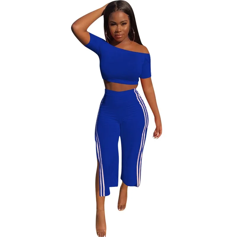Off Shoulder Color Block Crop Top and High Waist Side Slit Pants Set