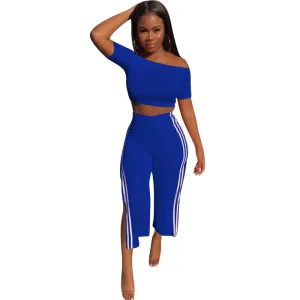 Off Shoulder Color Block Crop Top and High Waist Side Slit Pants Set