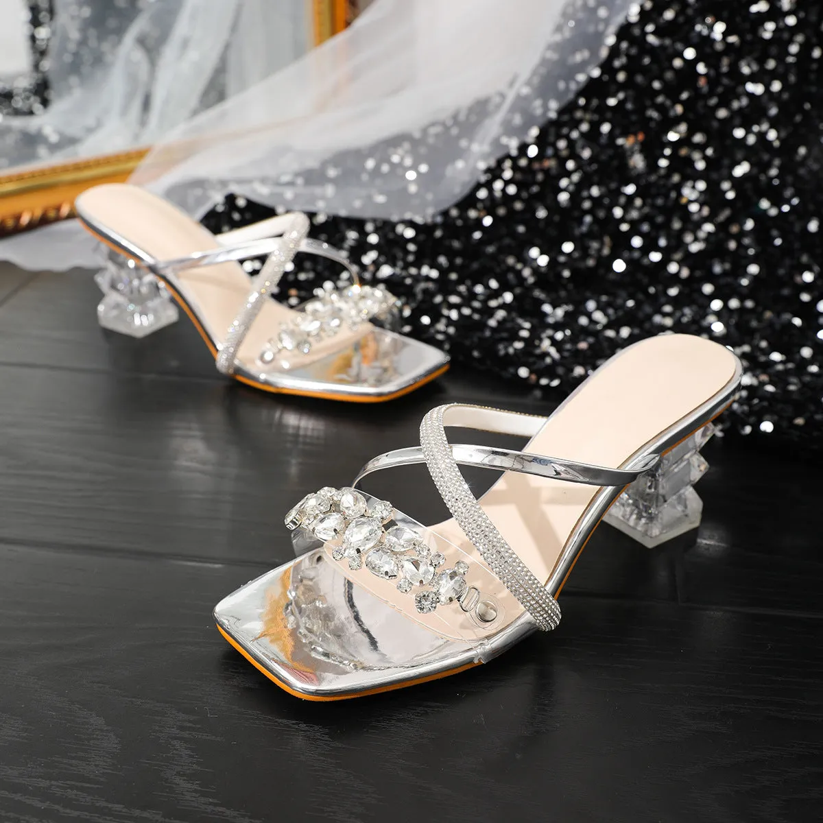 One-strap Transparent Crystal Thick-Heeled High Heels