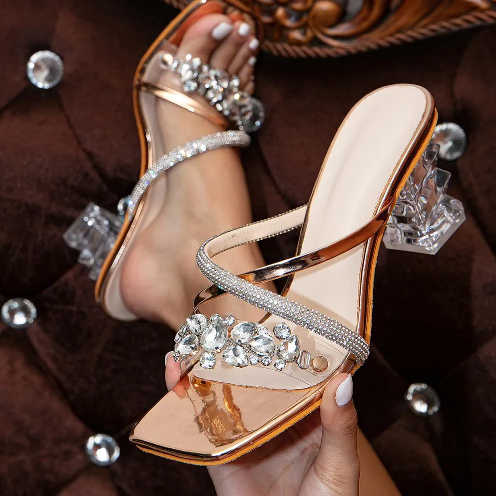 One-strap Transparent Crystal Thick-Heeled High Heels
