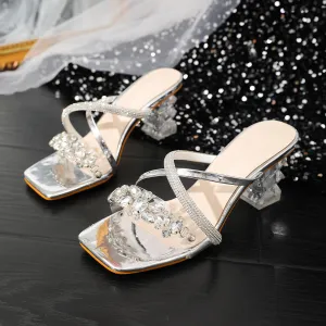 One-strap Transparent Crystal Thick-Heeled High Heels