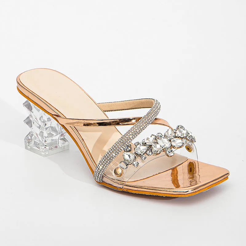 One-strap Transparent Crystal Thick-Heeled High Heels