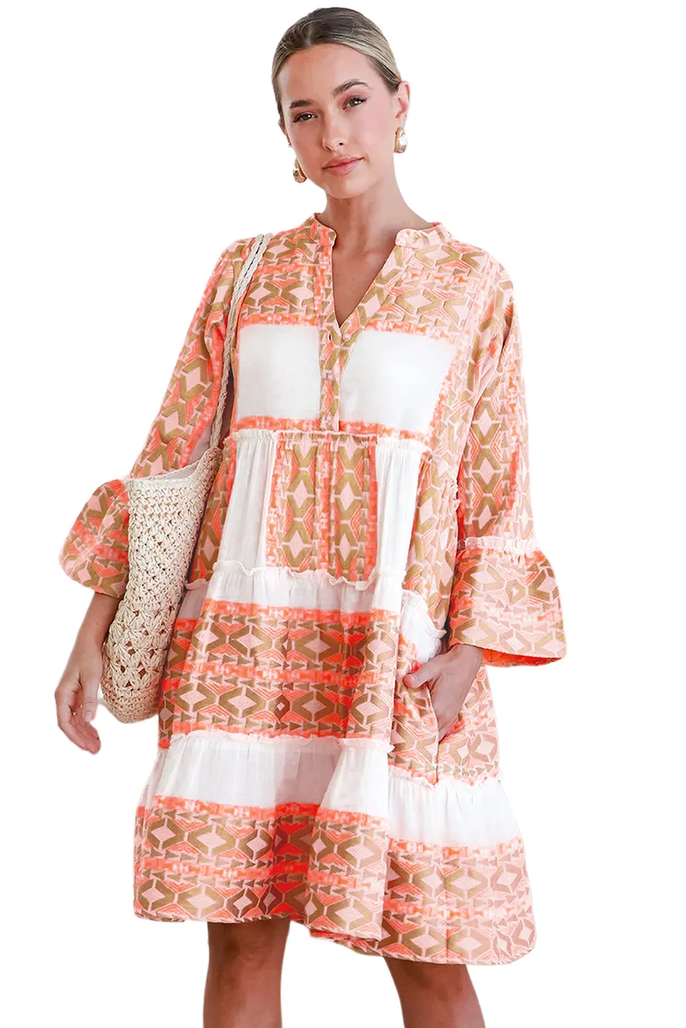 Orange Geometric Print Ruffle Tiered Button V Neck Dress