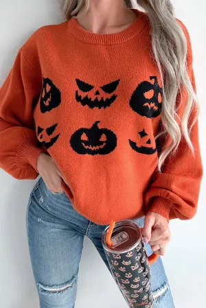 Orange Halloween Pumpkin Face Pattern Drop Shoulder Sweater