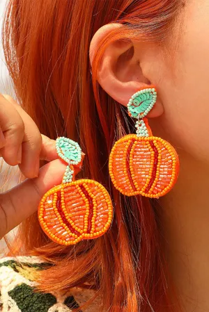 Orange Halloween Pumpkin Rice Beaded Drop Earrings
