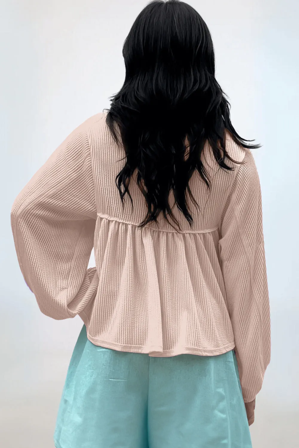 Parchment Corded Turn-down V Neck Bubble Sleeve Babydoll Blouse