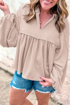 Parchment Corded Turn-down V Neck Bubble Sleeve Babydoll Blouse