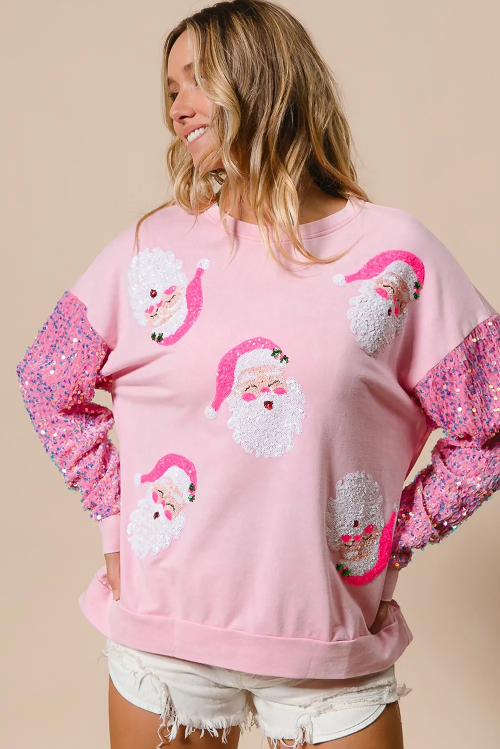 Pink Sequined Santa Claus Long Sleeve Christmas Sweatshirt