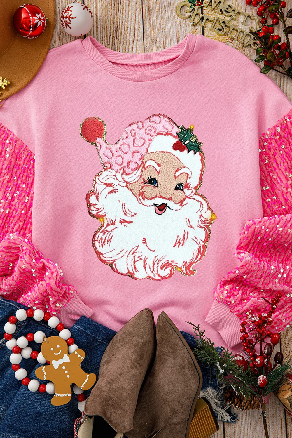 Pink Shiny Father Christmas Graphic Sequin Long Sleeve Top
