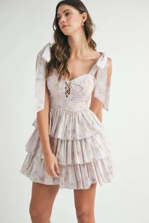 Pixie Floral Shoulder Tie Layered Mini Dress