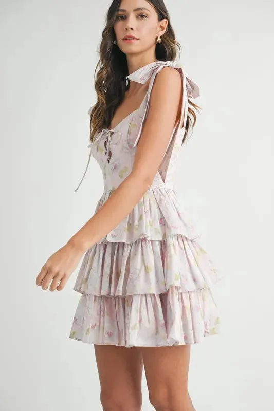 Pixie Floral Shoulder Tie Layered Mini Dress