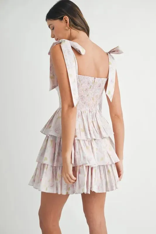 Pixie Floral Shoulder Tie Layered Mini Dress