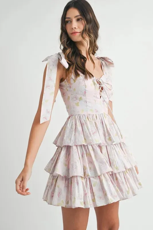 Pixie Floral Shoulder Tie Layered Mini Dress