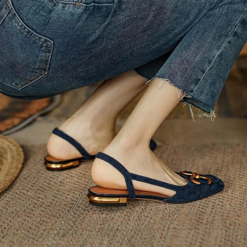 Retro Low-heeled Baotou Sandals Women's 2023 Summer New Slingback Suede Office Ladies Shoes Sandal Slip on Woman Flats