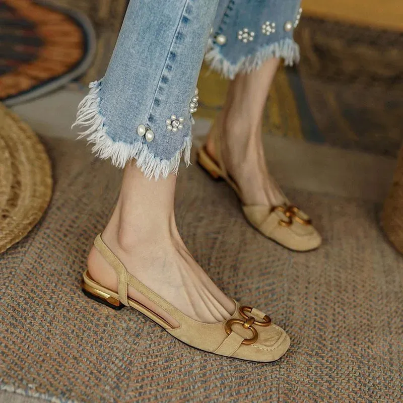 Retro Low-heeled Baotou Sandals Women's 2023 Summer New Slingback Suede Office Ladies Shoes Sandal Slip on Woman Flats