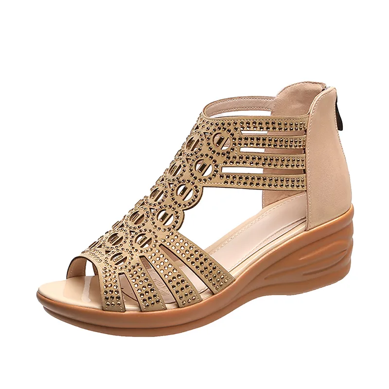 Rhinestone Wedge Sandals | Beige | Elegant and Comfortable
