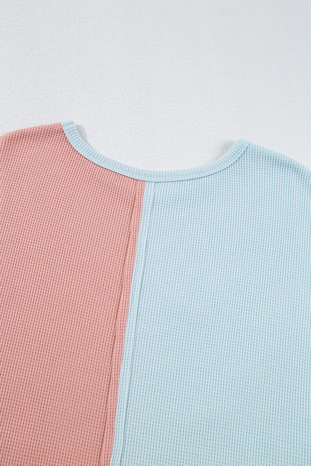 Rose Pink Floral Patchwork Waffle Color Block Pullover Top