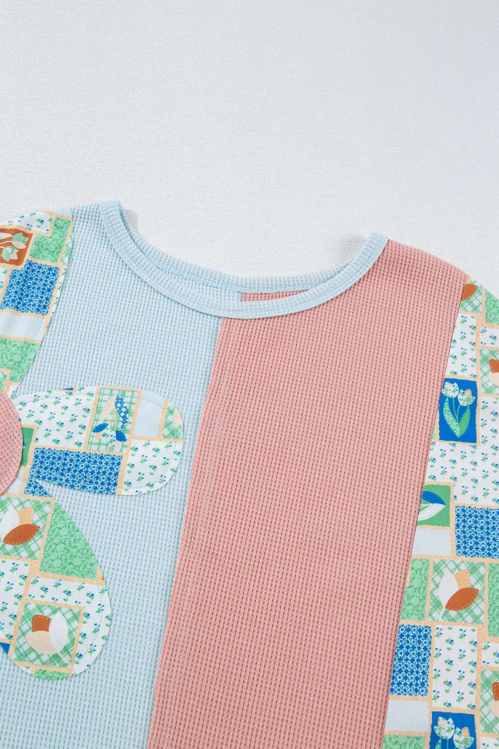 Rose Pink Floral Patchwork Waffle Color Block Pullover Top