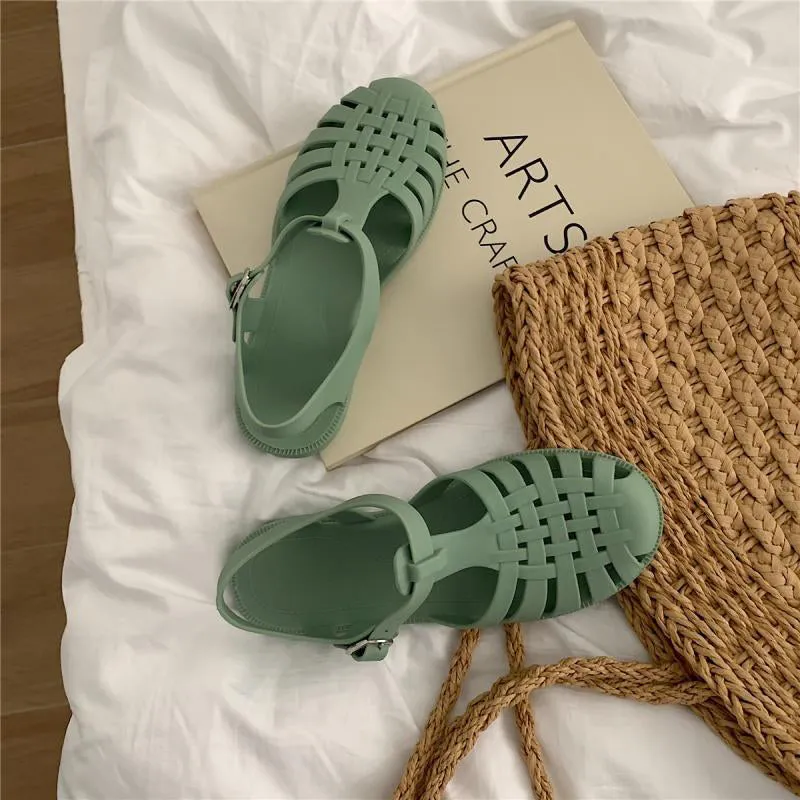 Sandals Jelly Shoes Summer Ankle Strap Rubber Shoes Soft Sole Non-slip Mom Shoes Casual Comfortable Female Footwear