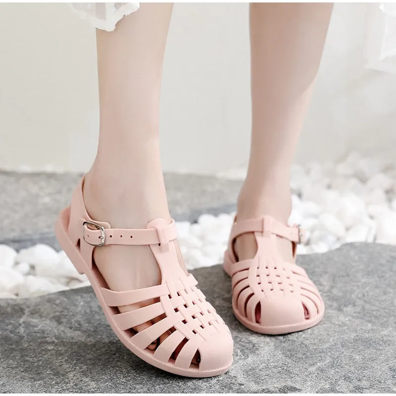 Sandals Jelly Shoes Summer Ankle Strap Rubber Shoes Soft Sole Non-slip Mom Shoes Casual Comfortable Female Footwear