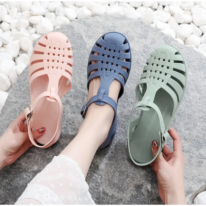 Sandals Jelly Shoes Summer Ankle Strap Rubber Shoes Soft Sole Non-slip Mom Shoes Casual Comfortable Female Footwear