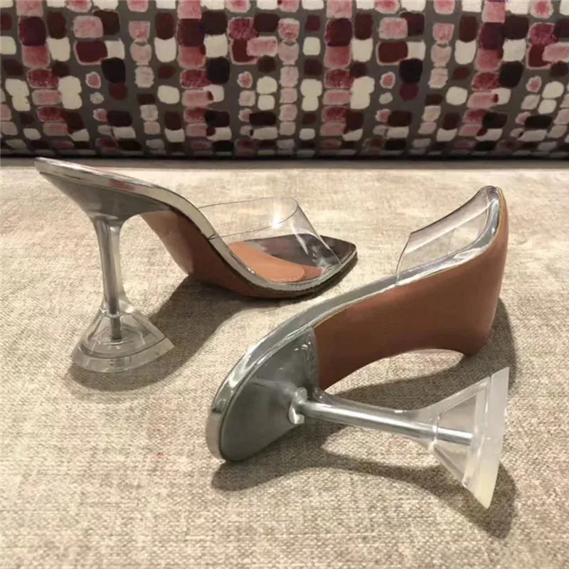 Star style Transparent PVC Women Slippers Fashion Square toe Cup heeled Summer Female Mules Slides High heels Sandals Shoes
