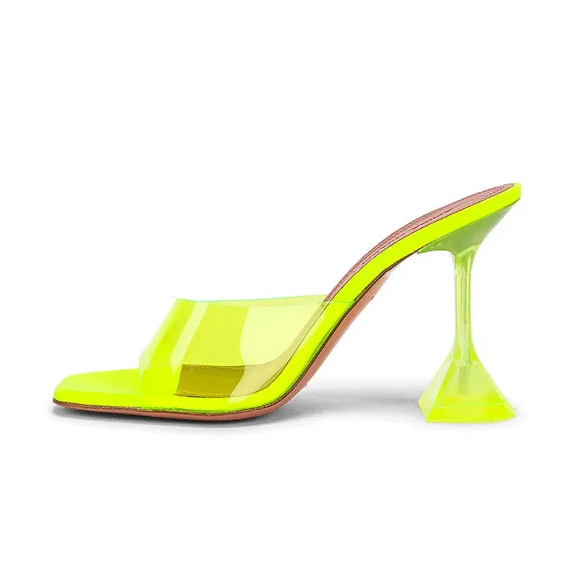 Star style Transparent PVC Women Slippers Fashion Square toe Cup heeled Summer Female Mules Slides High heels Sandals Shoes