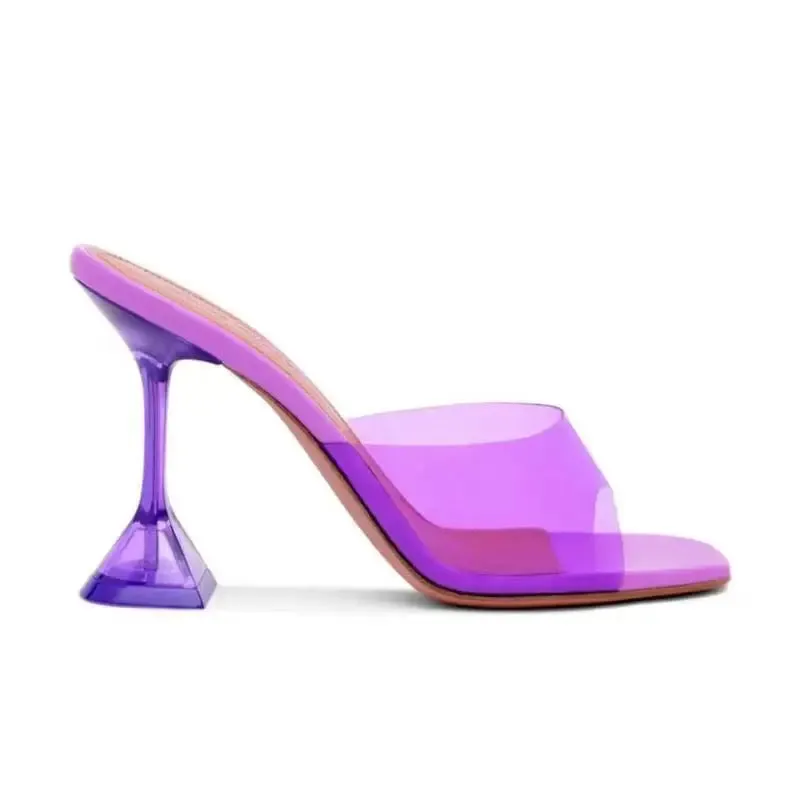Star style Transparent PVC Women Slippers Fashion Square toe Cup heeled Summer Female Mules Slides High heels Sandals Shoes