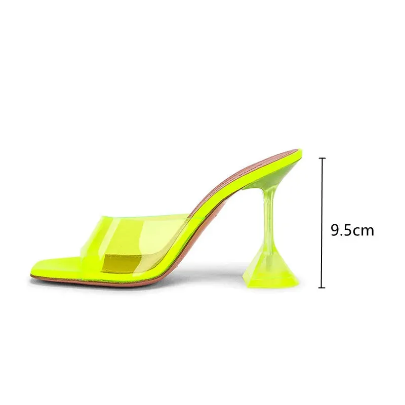 Star style Transparent PVC Women Slippers Fashion Square toe Cup heeled Summer Female Mules Slides High heels Sandals Shoes