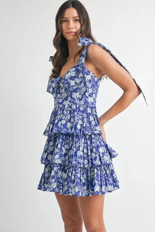 Sunkiss Floral Print Shoulder Tie Layered Mini Dress