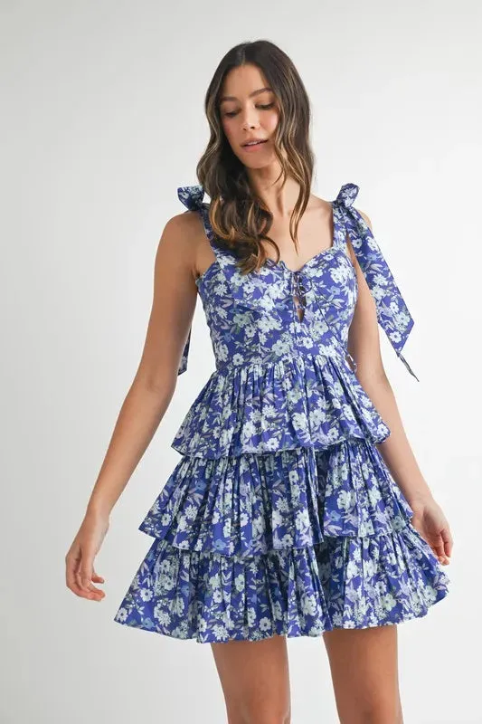 Sunkiss Floral Print Shoulder Tie Layered Mini Dress