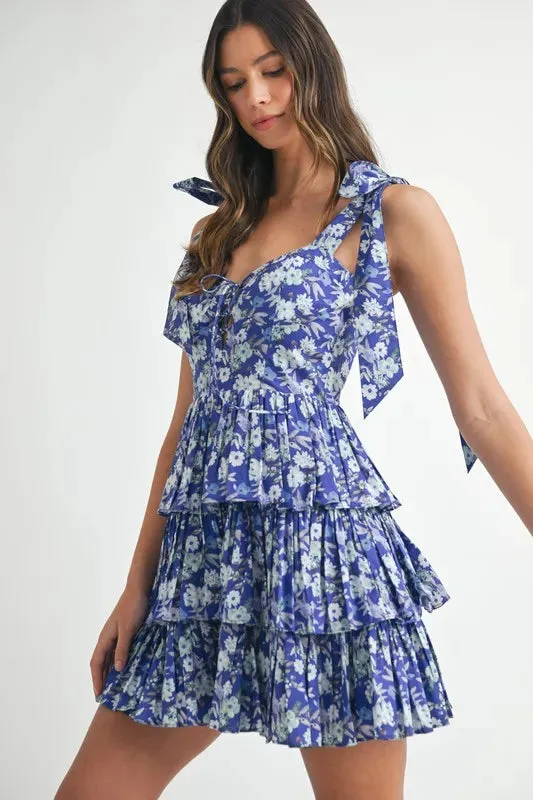 Sunkiss Floral Print Shoulder Tie Layered Mini Dress